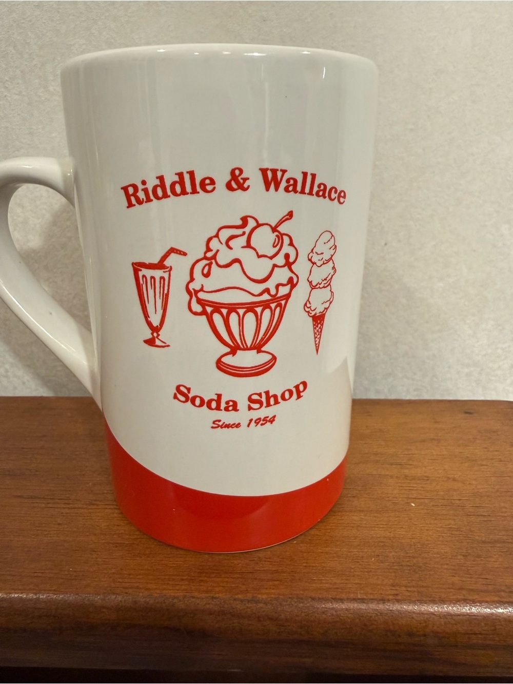 Riddle & Wallace Soda Shop Since 1954 Advertising Mug, White/Red 4267